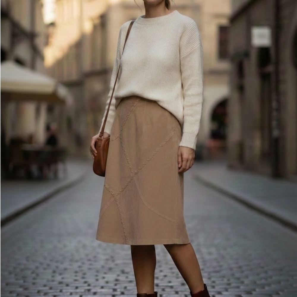 Vintage Suede Leather Camel Tan Midi Skirt - Size 14